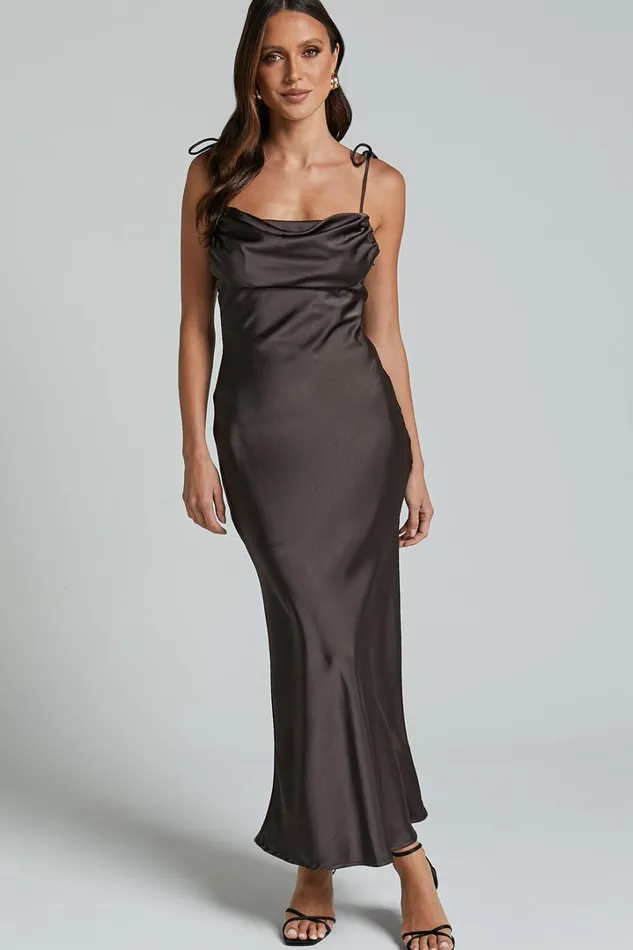 Amelia Midi Dress 8211 Cowl Neck Bias Cut Satin Dress In Espresso Women Showpo Dresses