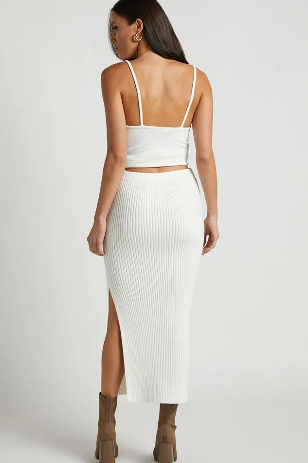 Andalucia Midi Skirt 8211 Ribbed Side Split Skirt In Cream Women Showpo Curve Clothes
