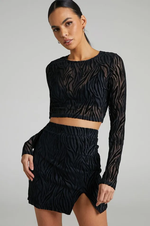 Andrik Two Piece Set 8211 Mesh Long Sleeve Crop Top And Mini Skirt Set In Black Zebra Women Showpo Curve Clothes