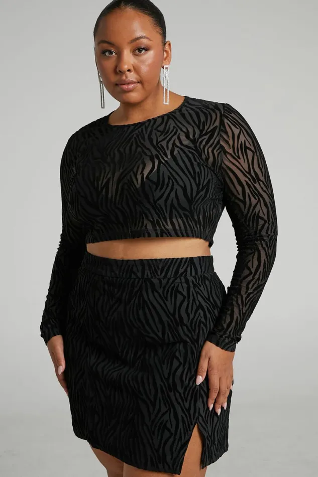 Andrik Two Piece Set 8211 Mesh Long Sleeve Crop Top And Mini Skirt Set In Black Zebra Women Showpo Curve Clothes