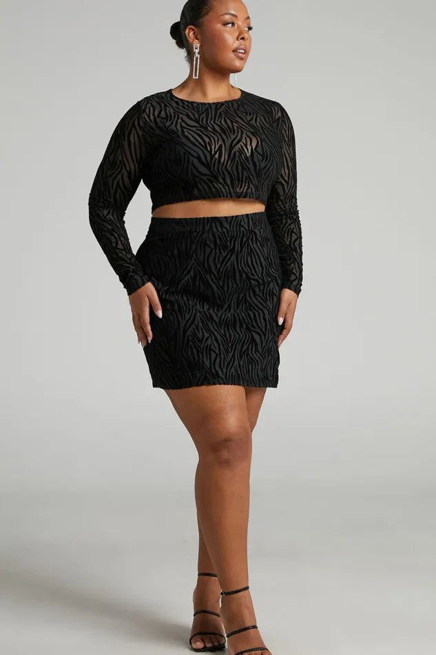 Andrik Two Piece Set 8211 Mesh Long Sleeve Crop Top And Mini Skirt Set In Black Zebra Women Showpo Curve Clothes