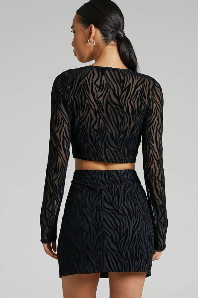 Andrik Two Piece Set 8211 Mesh Long Sleeve Crop Top And Mini Skirt Set In Black Zebra Women Showpo Curve Clothes