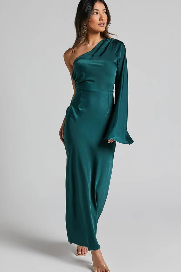 Angieta Maxi Dress 8211 One Shoulder Long Sleeve Slip Dress In Emerald Green Women Showpo Dresses
