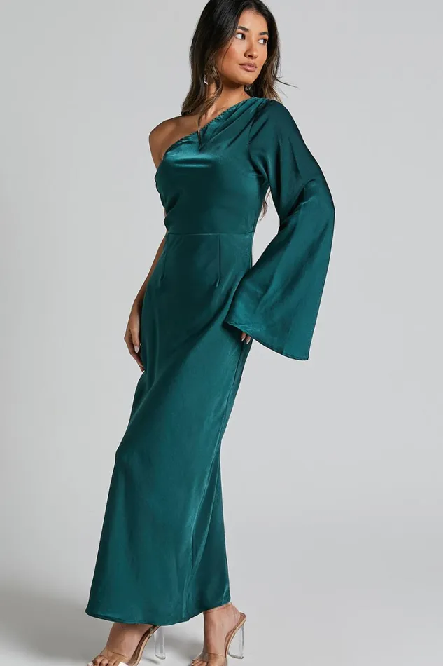 Angieta Maxi Dress 8211 One Shoulder Long Sleeve Slip Dress In Emerald Green Women Showpo Dresses