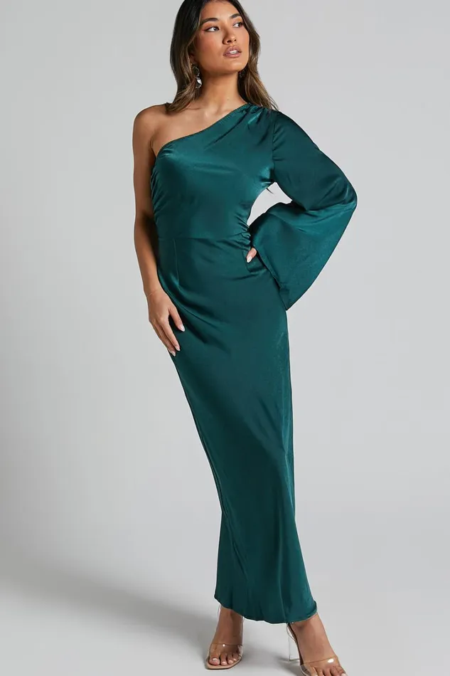 Angieta Maxi Dress 8211 One Shoulder Long Sleeve Slip Dress In Emerald Green Women Showpo Dresses