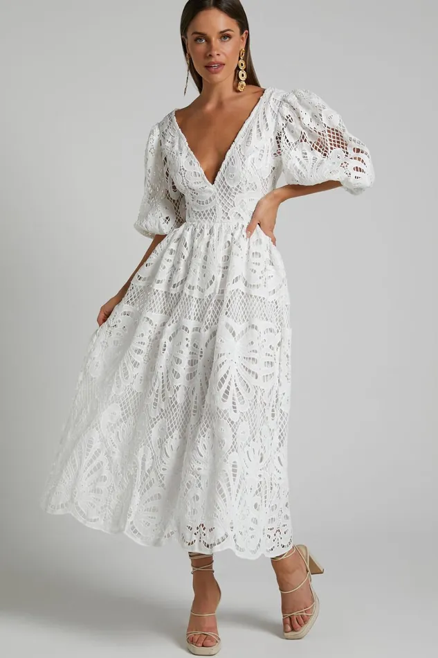 Anieshaya Midi Dress 8211 V Neck Cut Out Lace Dress In White Women Showpo Curve Clothes
