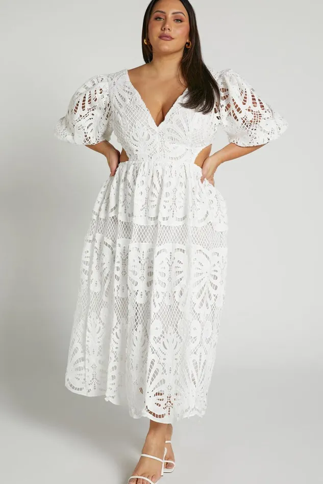 Anieshaya Midi Dress 8211 V Neck Cut Out Lace Dress In White Women Showpo Curve Clothes