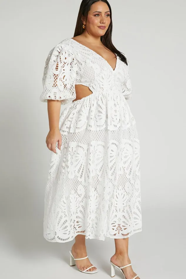 Anieshaya Midi Dress 8211 V Neck Cut Out Lace Dress In White Women Showpo Curve Clothes