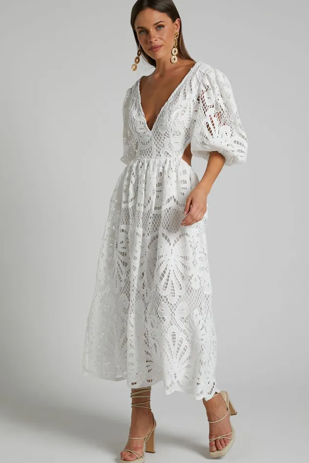 Anieshaya Midi Dress 8211 V Neck Cut Out Lace Dress In White Women Showpo Curve Clothes