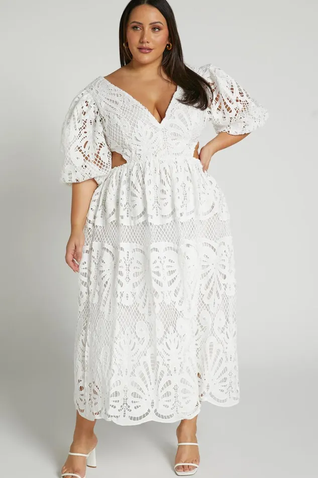 Anieshaya Midi Dress 8211 V Neck Cut Out Lace Dress In White Women Showpo Curve Clothes