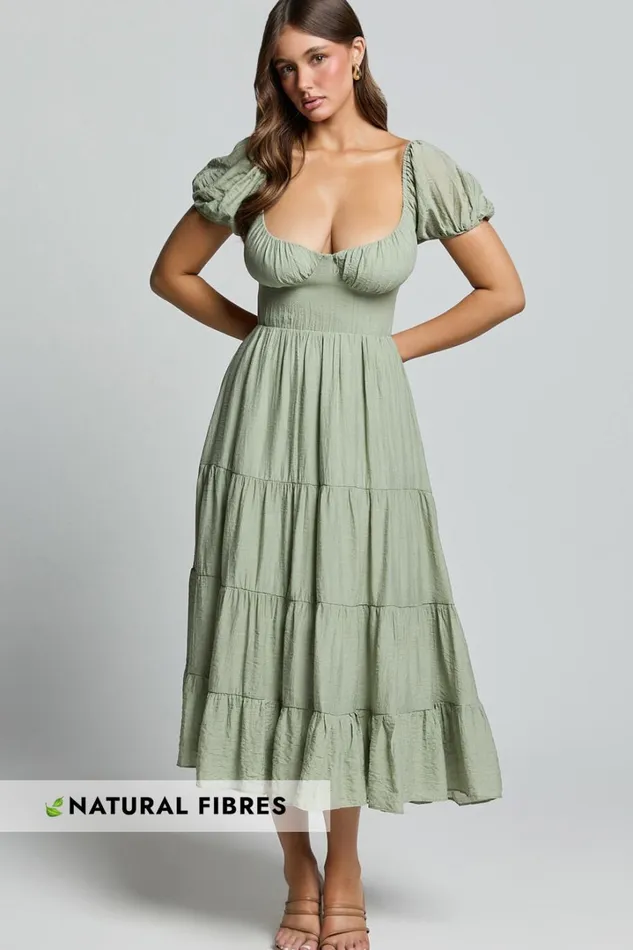 Anita Midi Dress 8211 Puff Sleeve Tiered Dress In Sage Women Showpo Conscious