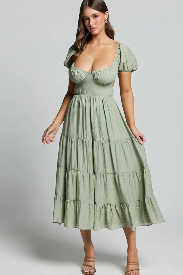 Anita Midi Dress 8211 Puff Sleeve Tiered Dress In Sage Women Showpo Conscious