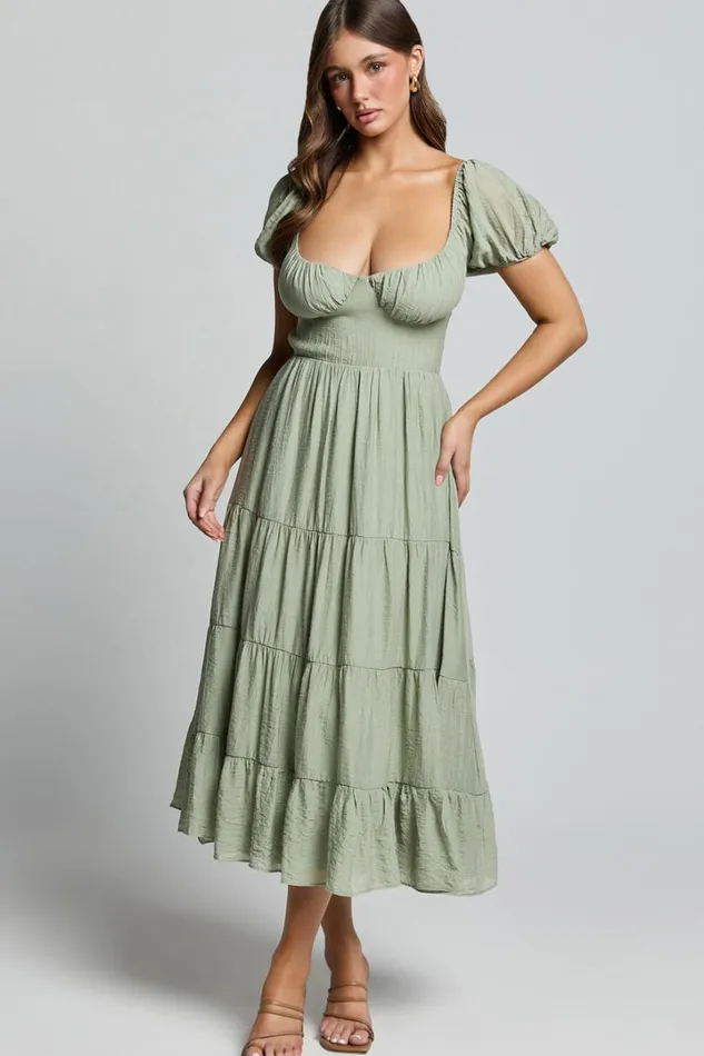 Anita Midi Dress 8211 Puff Sleeve Tiered Dress In Sage Women Showpo Conscious