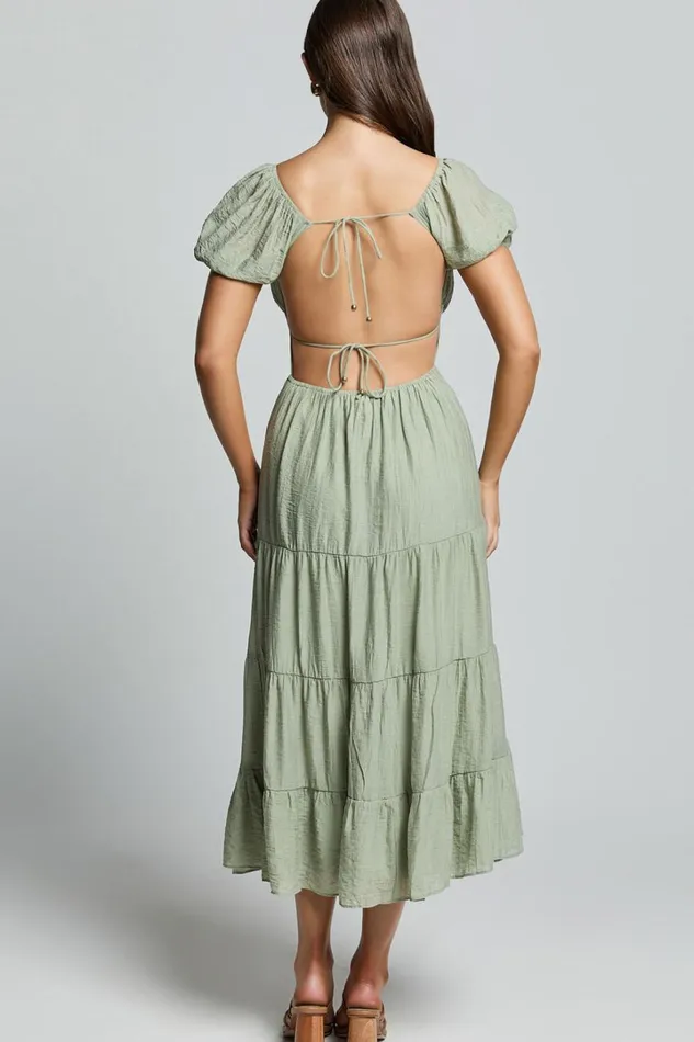 Anita Midi Dress 8211 Puff Sleeve Tiered Dress In Sage Women Showpo Conscious