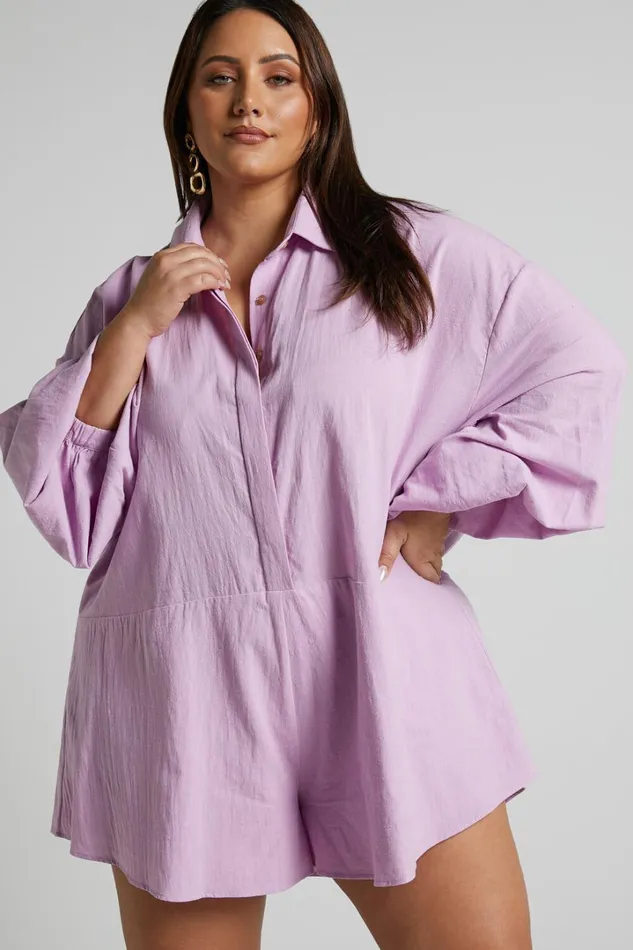 Anka Playsuit 8211 Relaxed Button Front Shirt Playsuit In Lilac Women Showpo Rompers Anka Playsuit 8211 Relaxed Button Front Shirt Playsuit In Lilac Women Showpo Rompers