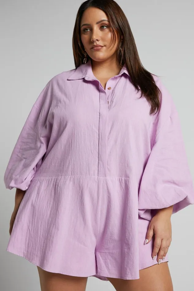 Anka Playsuit 8211 Relaxed Button Front Shirt Playsuit In Lilac Women Showpo Rompers Anka Playsuit 8211 Relaxed Button Front Shirt Playsuit In Lilac Women Showpo Rompers