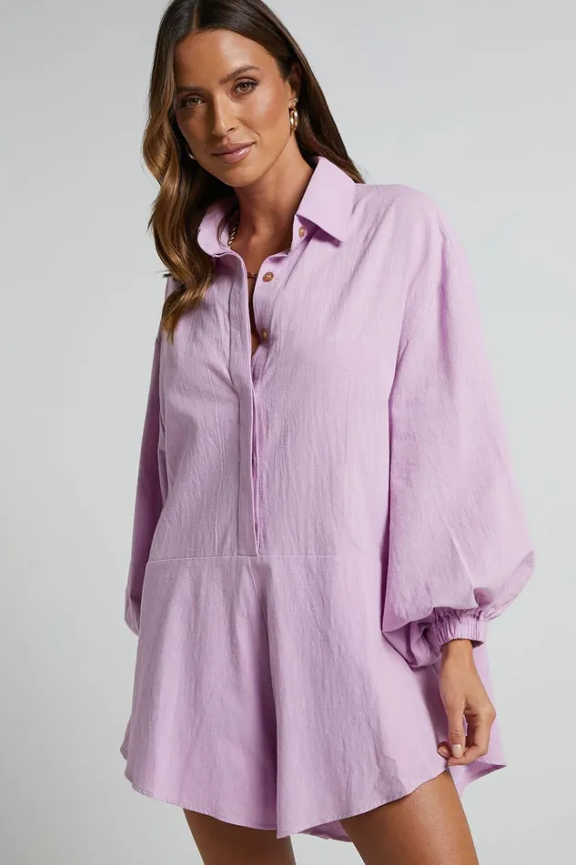 Anka Playsuit 8211 Relaxed Button Front Shirt Playsuit In Lilac Women Showpo Rompers Anka Playsuit 8211 Relaxed Button Front Shirt Playsuit In Lilac Women Showpo Rompers