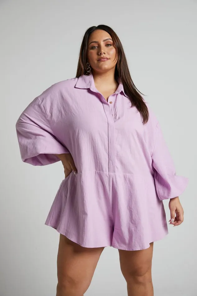 Anka Playsuit 8211 Relaxed Button Front Shirt Playsuit In Lilac Women Showpo Rompers Anka Playsuit 8211 Relaxed Button Front Shirt Playsuit In Lilac Women Showpo Rompers
