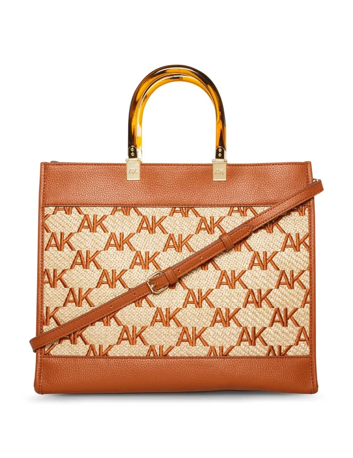 Anne Klein Large Tote In Embroidered AK Straw Saddlenatural Women Handbags