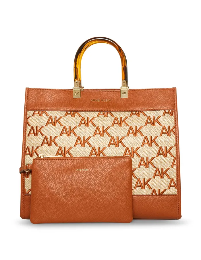 Anne Klein Large Tote In Embroidered AK Straw Saddlenatural Women Handbags