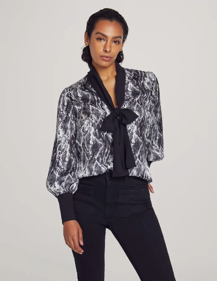 Anne Klein Printed Bow Blouse With Poet Sleeve Anne White Women Clothing