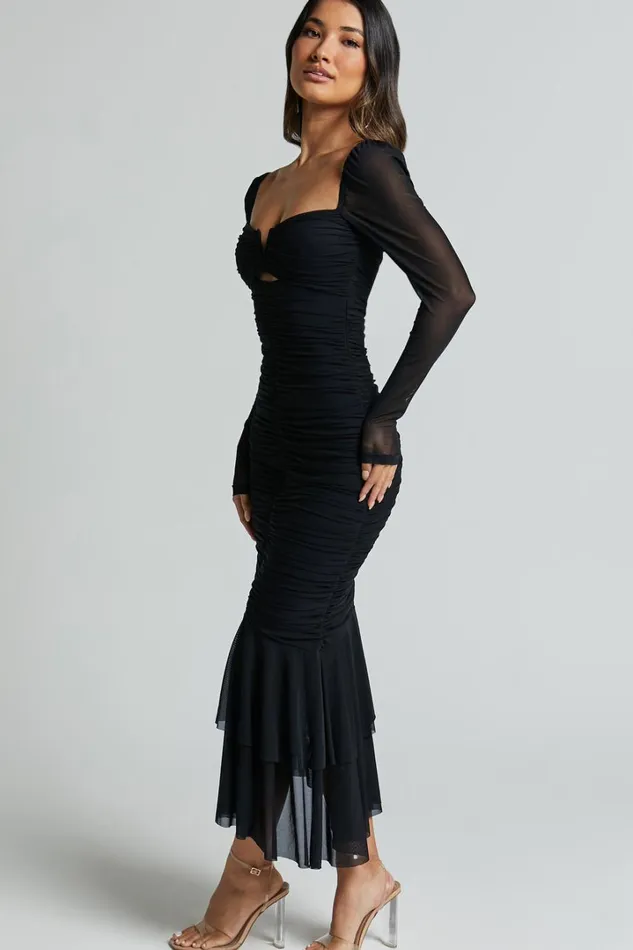 Arabella Midi Dress 8211 Bust Detail Ruched Mesh Midi With Cut Out Detail In Black Women Showpo Dresses