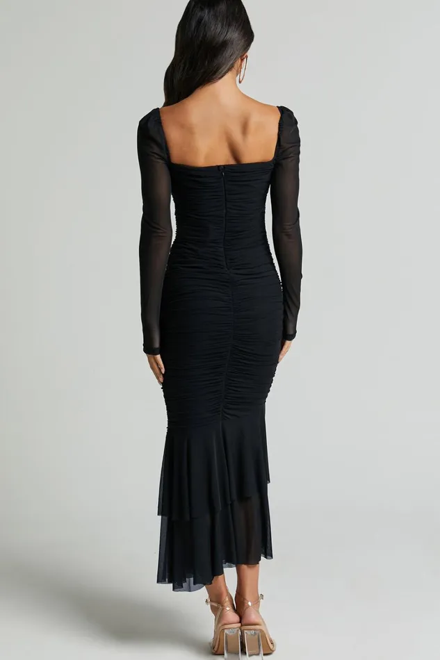 Arabella Midi Dress 8211 Bust Detail Ruched Mesh Midi With Cut Out Detail In Black Women Showpo Dresses