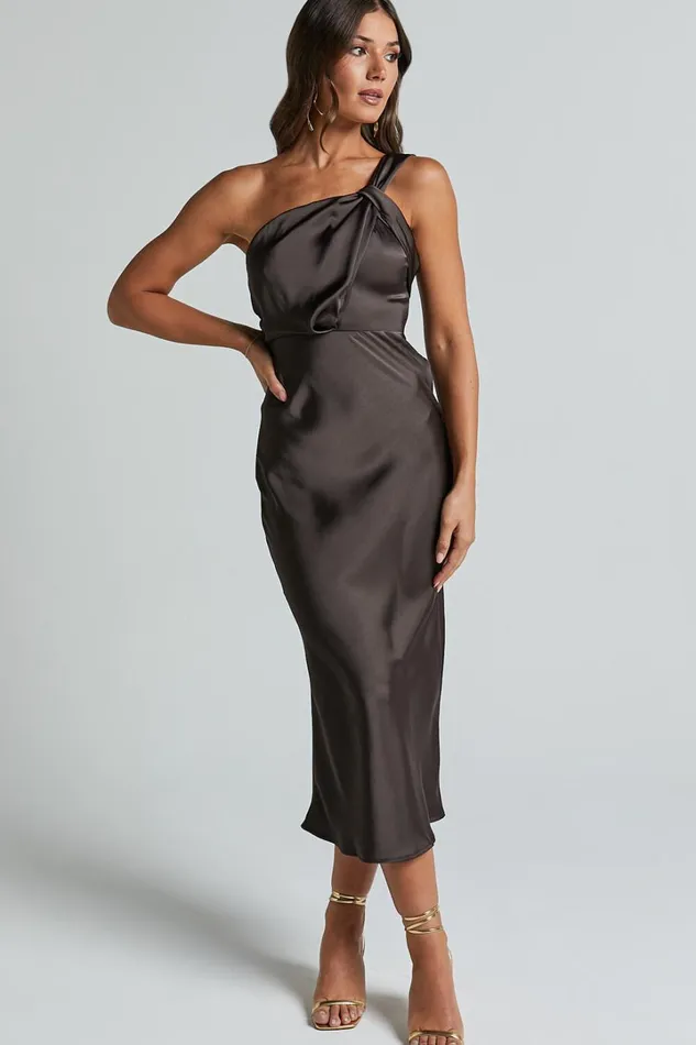 Aria Midi Dress 8211 One Shoulder Twist Detail Satin Bias Cut Dress In Espresso Women Showpo Dresses Aria Midi Dress 8211 One Shoulder Twist Detail Satin Bias Cut Dress In Espresso Women Showpo Dresses