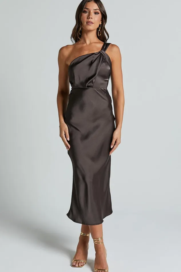 Aria Midi Dress 8211 One Shoulder Twist Detail Satin Bias Cut Dress In Espresso Women Showpo Dresses