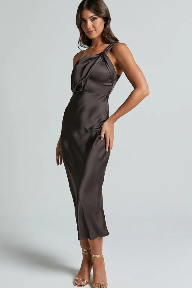 Aria Midi Dress 8211 One Shoulder Twist Detail Satin Bias Cut Dress In Espresso Women Showpo Dresses