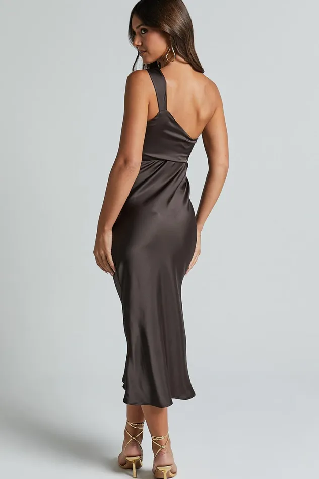 Aria Midi Dress 8211 One Shoulder Twist Detail Satin Bias Cut Dress In Espresso Women Showpo Dresses