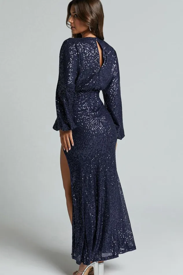 Arlington Midi Dress 8211 Sequin Long Sleeve Dress In Midnight Navy Women Showpo Dresses