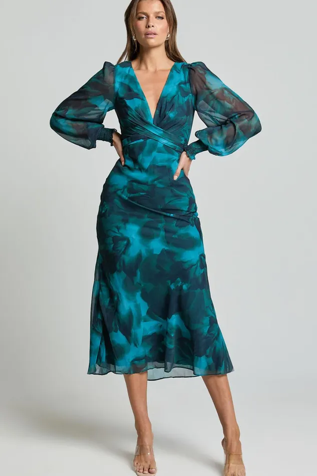 Artelia Midi Dress 8211 V Neck Long Sleeve Slip Dress In Emerald Women Showpo Dresses