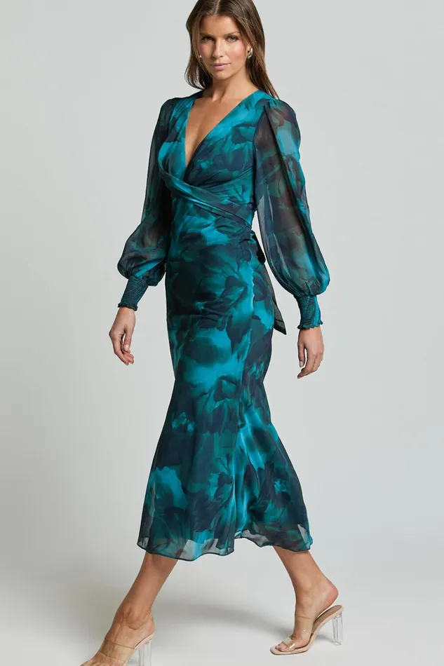 Artelia Midi Dress 8211 V Neck Long Sleeve Slip Dress In Emerald Women Showpo Dresses