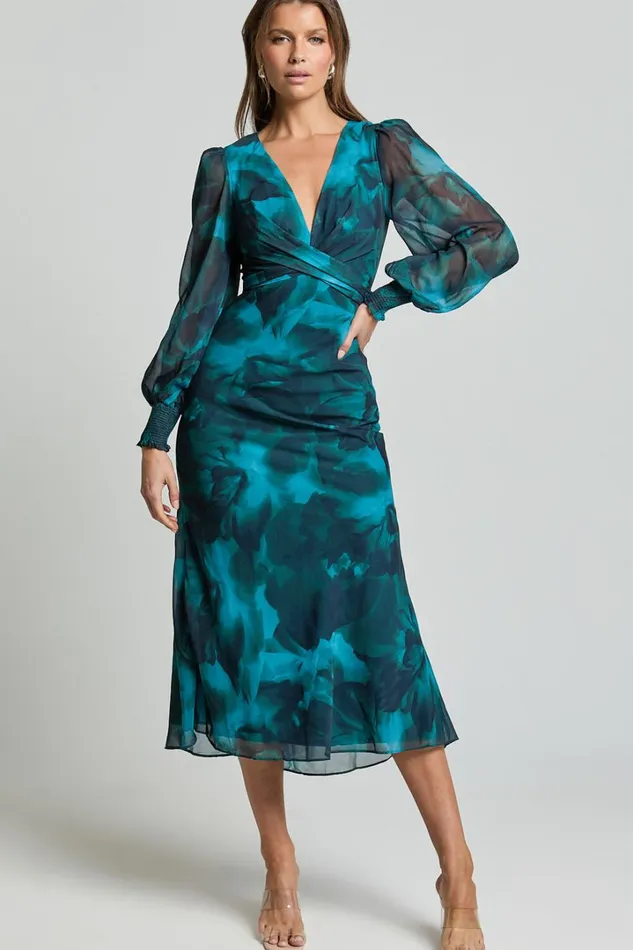Artelia Midi Dress 8211 V Neck Long Sleeve Slip Dress In Emerald Women Showpo Dresses