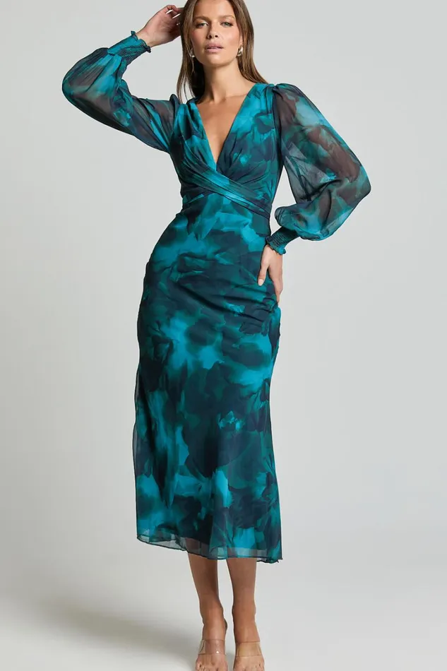 Artelia Midi Dress 8211 V Neck Long Sleeve Slip Dress In Emerald Women Showpo Dresses