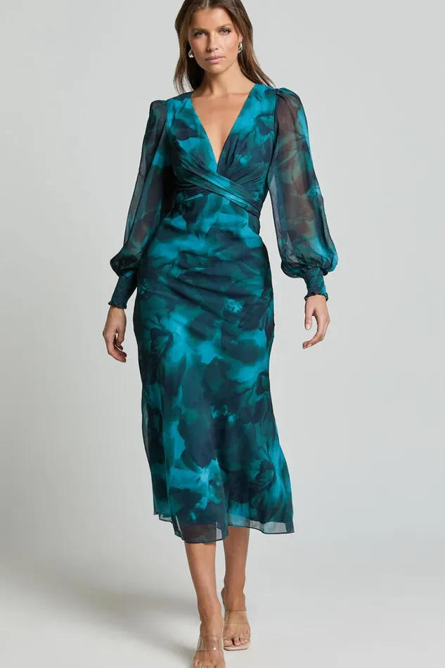Artelia Midi Dress 8211 V Neck Long Sleeve Slip Dress In Emerald Women Showpo Dresses