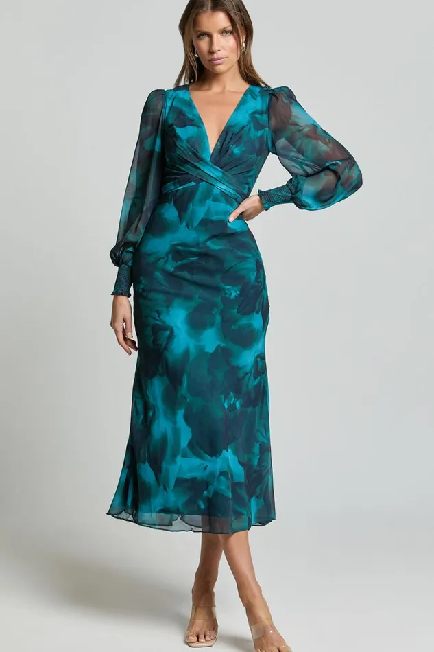 Artelia Midi Dress 8211 V Neck Long Sleeve Slip Dress In Emerald Women Showpo Dresses