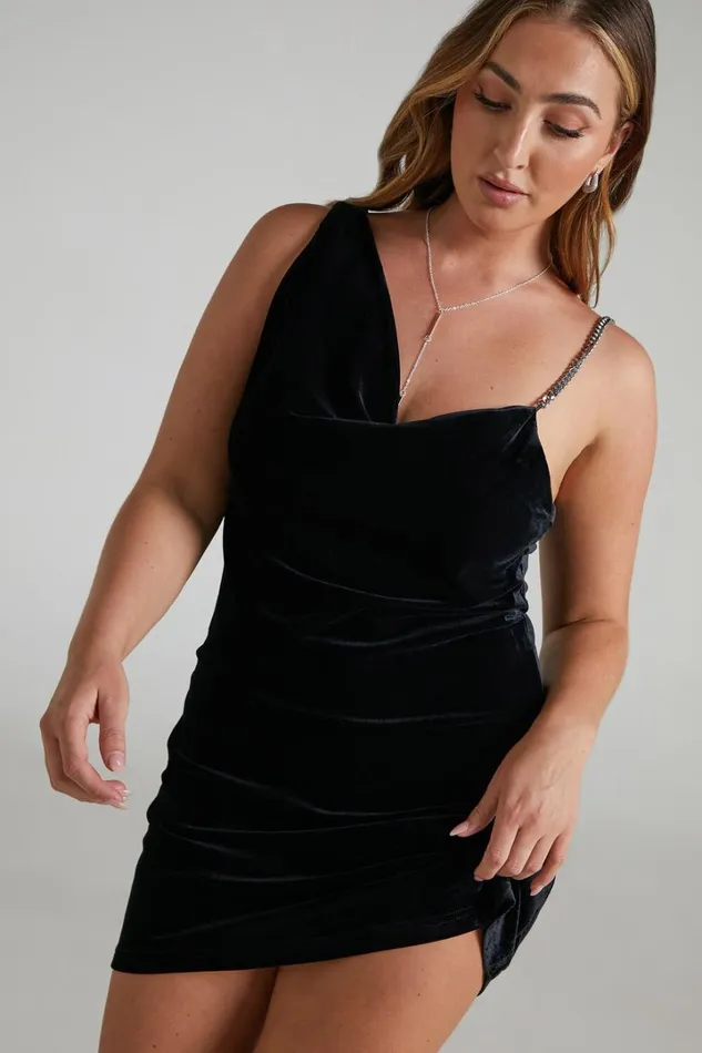 Asher Mini Dress 8211 Asymmetric Neckline Chain Strap Velvet Dress In Black Women Showpo Dresses