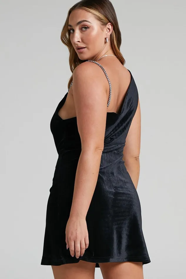 Asher Mini Dress 8211 Asymmetric Neckline Chain Strap Velvet Dress In Black Women Showpo Dresses