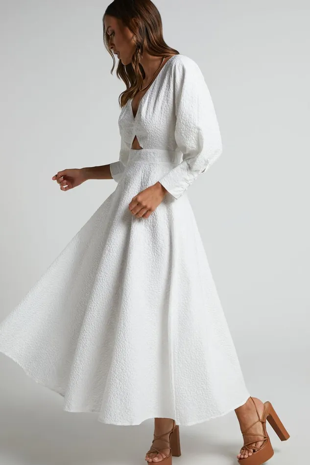 Ashtina Midi Dress 8211 V Neck Cut Out Puff Sleeve Dress In White Women Showpo Curve Clothes