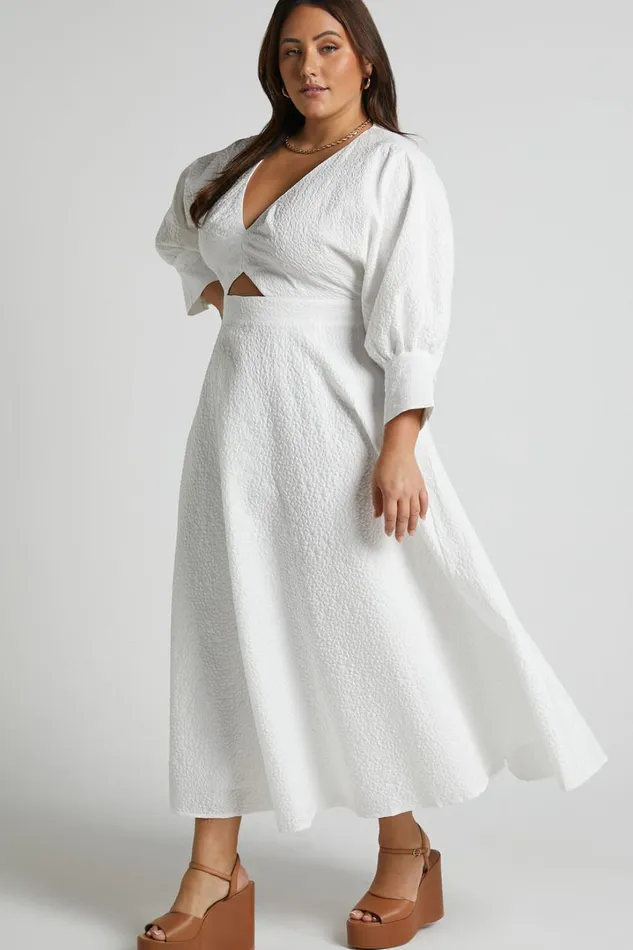 Ashtina Midi Dress 8211 V Neck Cut Out Puff Sleeve Dress In White Women Showpo Curve Clothes
