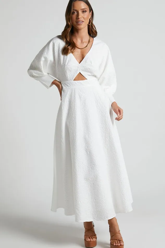 Ashtina Midi Dress 8211 V Neck Cut Out Puff Sleeve Dress In White Women Showpo Curve Clothes