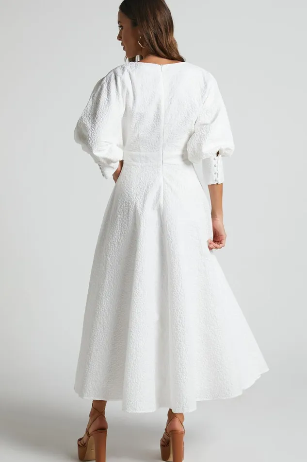 Ashtina Midi Dress 8211 V Neck Cut Out Puff Sleeve Dress In White Women Showpo Curve Clothes