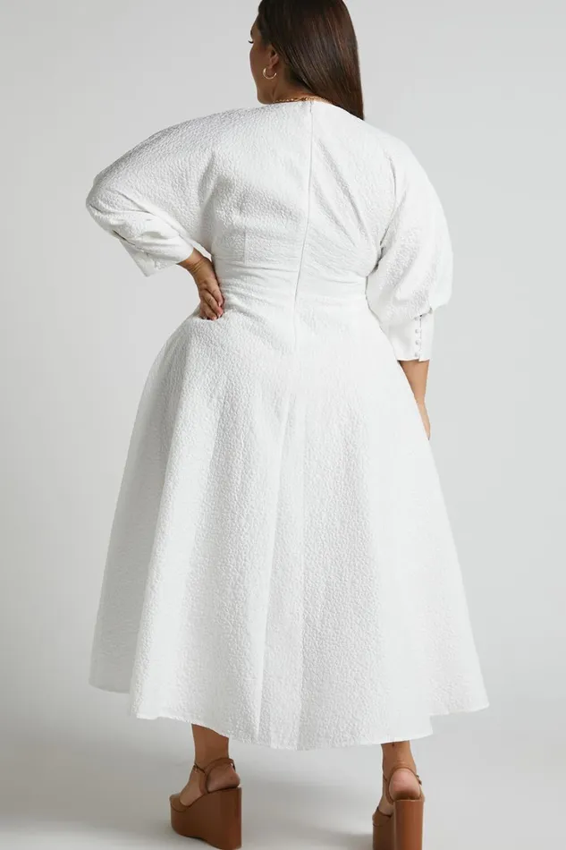 Ashtina Midi Dress 8211 V Neck Cut Out Puff Sleeve Dress In White Women Showpo Curve Clothes