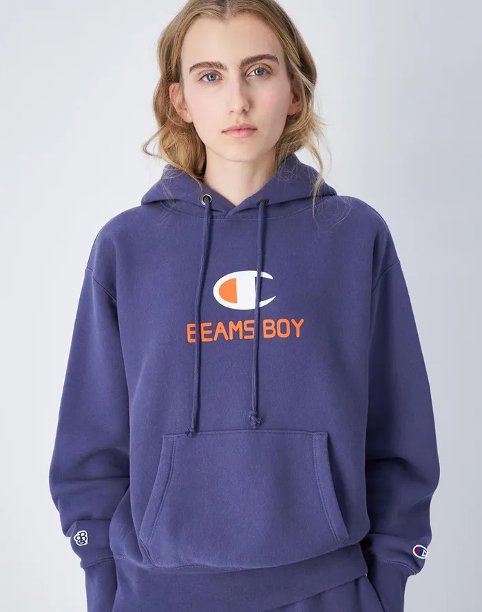 Beams Boy Reverse Weave Hoodie C Logo Navy Women Champion Hoodies and Sweatshirts