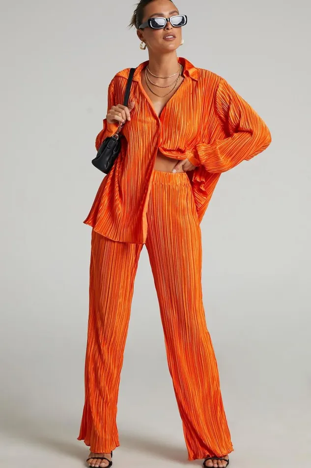 Beca Pants 8211 High Waisted Plisse Flared Pants In Bright Orange Women Showpo Curve Clothes