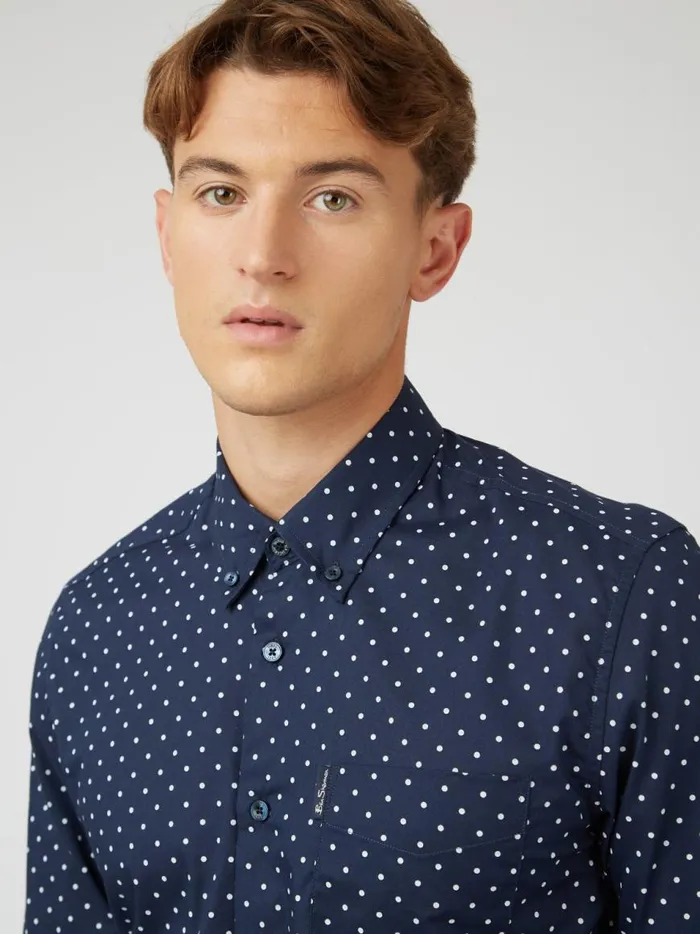 Ben Sherman Long Sleeve Shirts Men Navy Polka Dot Print LongSleeve Shirt