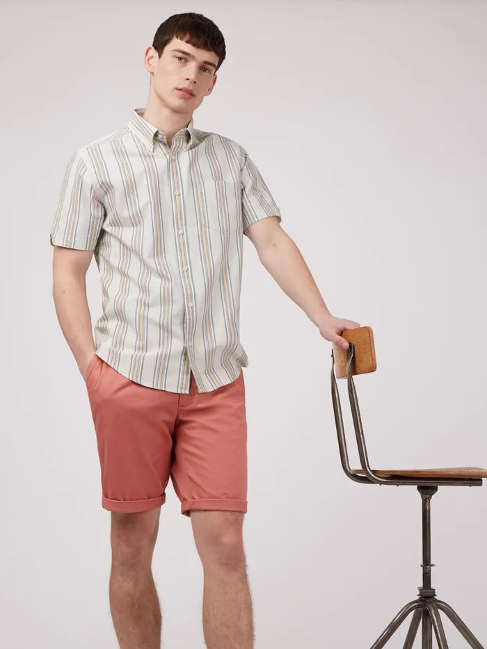 Ben Sherman Oxford Shirts Men Ivy Oxford Stripe ShortSleeve Shirt 8211 Eggshell
