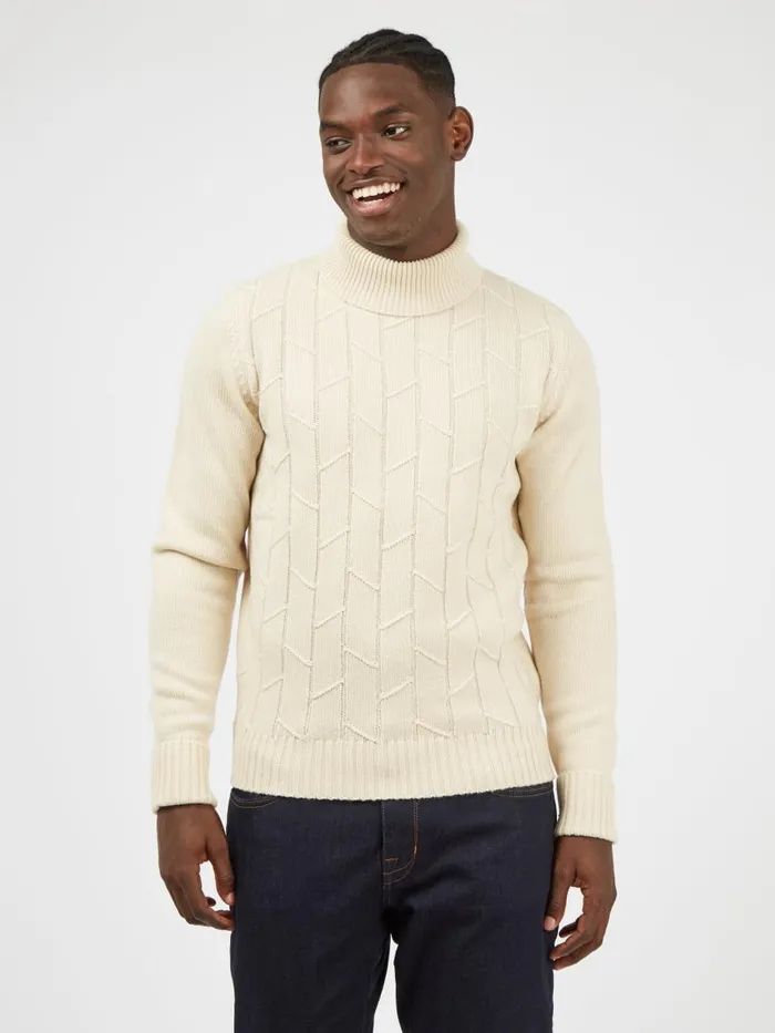 Ben Sherman Sweaters and Knits Men Patterned Knit RollNeck Sweater 8211 Ivory
